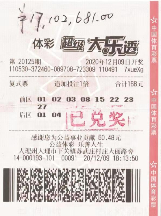 云南大理幸运彩友领走大乐透1710万大奖1