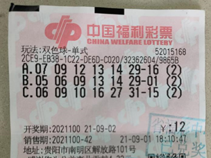 喜从天降 12元单式命中2注双色球1516万元