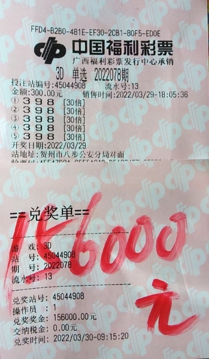 150倍单选倍投斩获3D奖金15.6万元