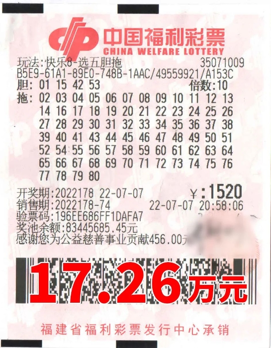 龙岩购彩者倍投“选五4胆全拖”，收获快乐8大奖17万多元