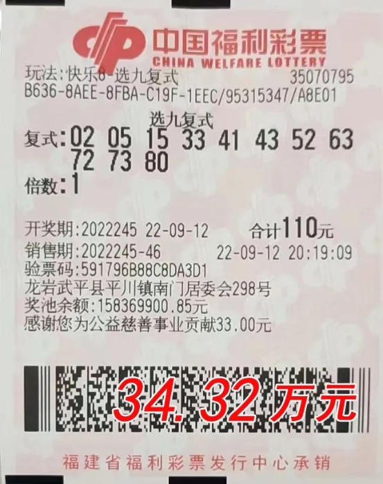 龙岩武平购彩者喜中快乐8选九34.32万元：奖金用于儿子购房首付
