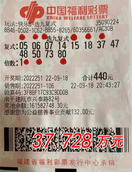 16名购彩者合买选九12码复式 击中快乐8大奖37万多元