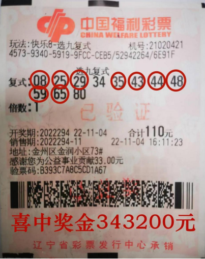 大连市彩友合买喜中快乐8选九中九34万多元