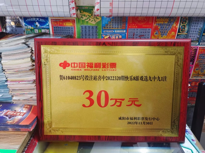 咸阳福彩为幸运投注站颁发的大奖奖牌