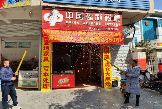 韦女士（右一）挂起了祝贺中出大奖的横幅并放礼炮庆祝