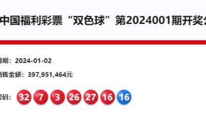双色球2024年首期：中出一等奖7注820万