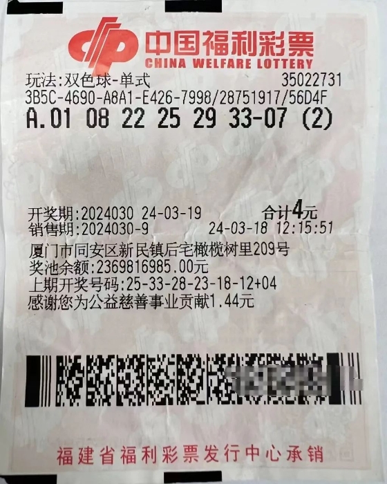 厦门俩购彩者凭单式倍投票各获双色球81.5万元二等奖