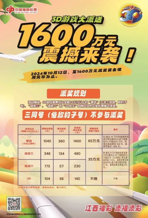 江西福彩 添福添彩——福彩3D游戏1600万元奖金大派送