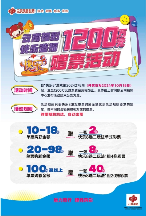 云南福彩快乐8游戏1200万元“回馈彩民 快乐造福”赠票活动10月18日开启