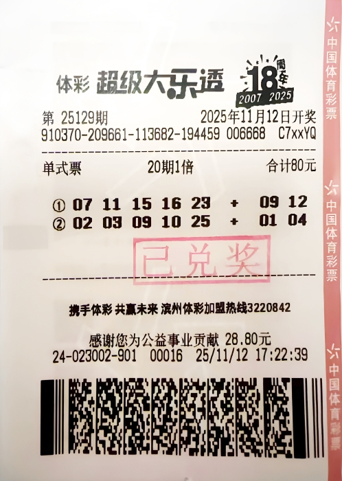 滨州购彩者喜获大乐透二等奖