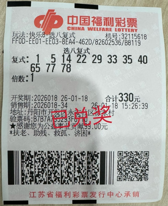 镇江购彩者收获快乐8游戏奖金7.6万元