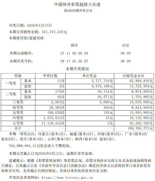 大乐透26039期开11注一等奖
