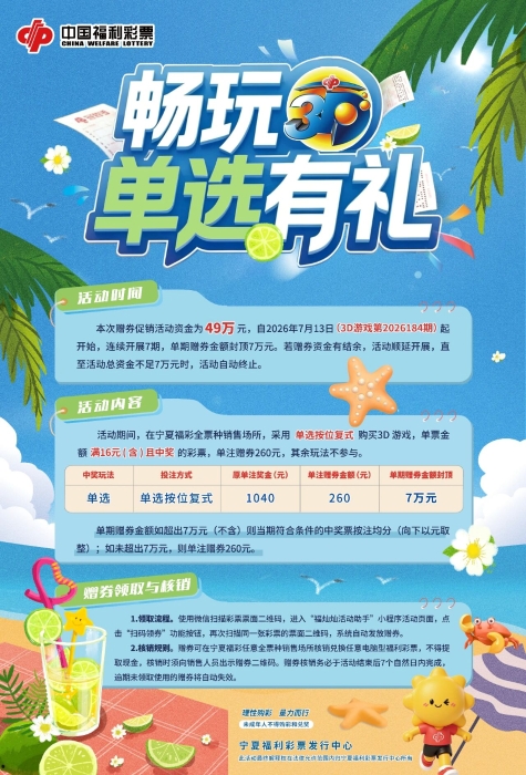 重磅！宁夏福彩“畅玩3D 单选有礼”赠券促销活动今日正式启动！
